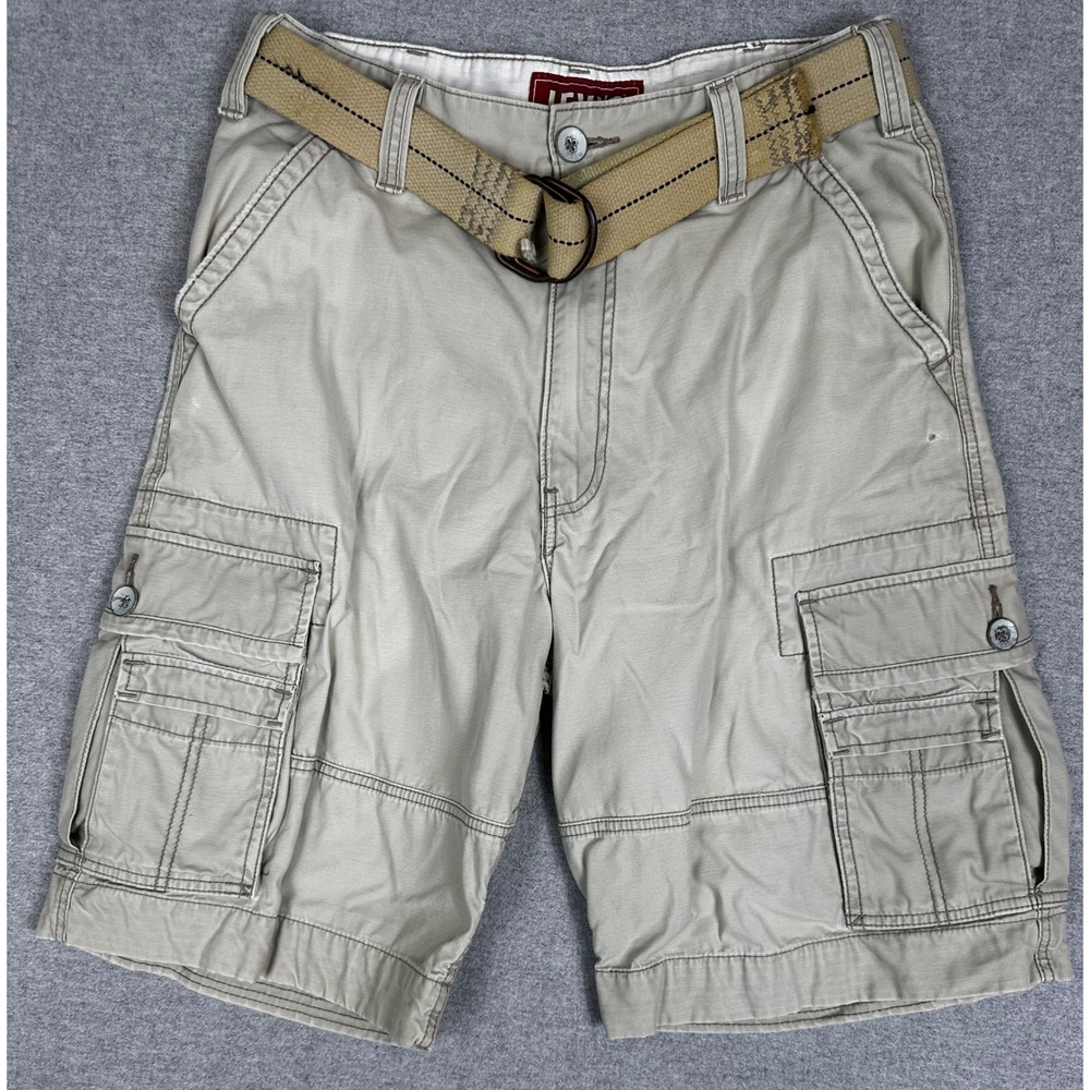 VTG Levis Cargo Shorts‎ Mens 32 Tan Belted Utility Pockets Cotton Twill Y2K 90s